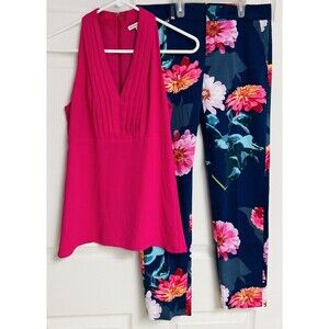 BANANA REPUBLIC Sz 0 Hot Pink Blouse And Trousers Navy Floral Career Office